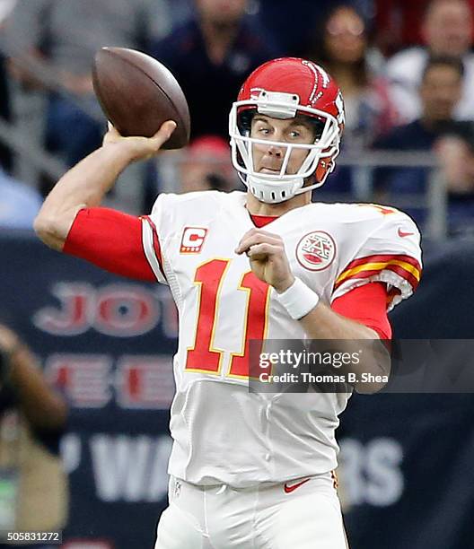 Alex Smith of the Kansas City Chiefs in the pocket against the Houston Texans during the AFC Wild Card Playoff game at NRG Stadium on January 9, 2016...