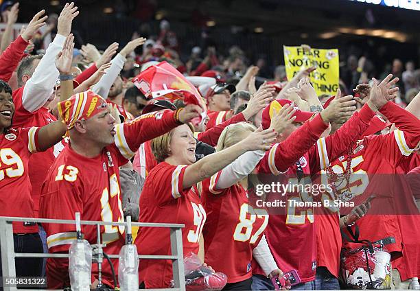 Kansas City Chiefs fans cheer against the Houston Texans during the AFC Wild Card Playoff game at NRG Stadium on January 9, 2016 in Houston, Texas....