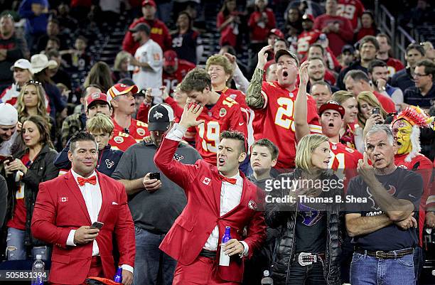 Kansas City Chiefs fans cheer against the Houston Texans during the AFC Wild Card Playoff game at NRG Stadium on January 9, 2016 in Houston, Texas....