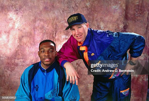 Mitch Richmond and Chris Mullin of the Golden State Warriors pose for a portrait during 1992 All-Star Weekend on February 8, 1992 in Orlando,...