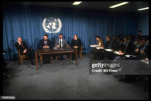 Anglican envoy Terry Waite holding press conf. At UN after mtg. W. Secy. Gen. .