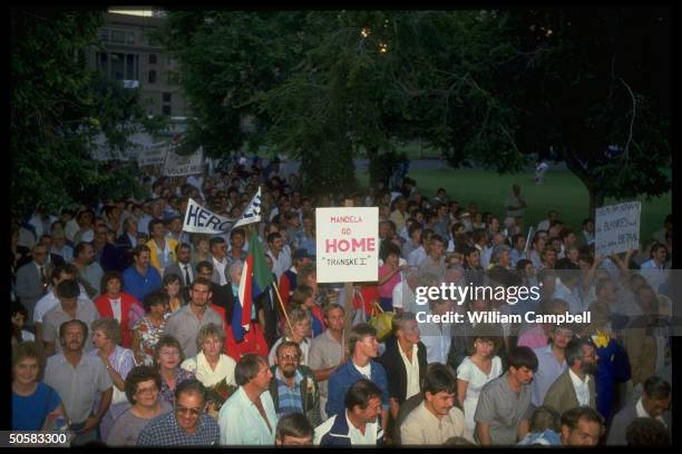 Conservative Party supporters at right-wing rally, w. Mandela go home Transkei sign.