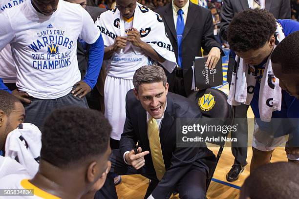 Casey Hill, Head Coach of the Santa Cruz Warriors coaches during the game against the Bakersfield Jam on November 13, 2015 in Santa Cruz, California...