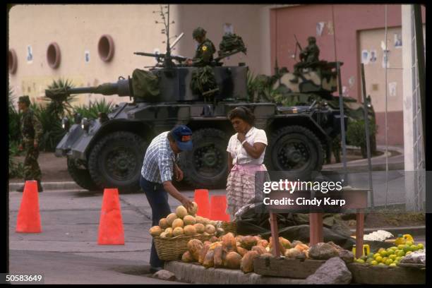 Troops on patrol during surge of anti-Americanism after US kidnapping of drug king Juan Ramon Matta Ballesteros to stand trial in US.