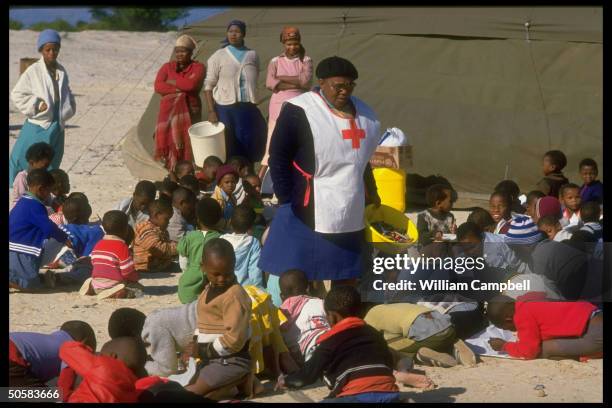 Refugees fr. Crossroads conflict bet. Right & left-wing blacks at Red Cross relief center nr. Cape Town.