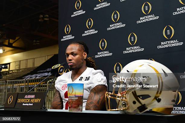 Running back Derrick Henry of the Alabama Crimson Tide addresses the media during Media Day for the College Football Playoff National Championship at...