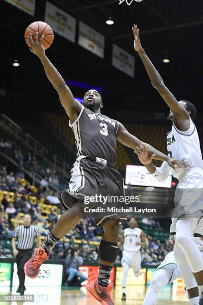 Marcus Posley of the St. Bonaventure Bonnies drives to the basket during a college basketball game against the George Mason Patriots at the Eagle...