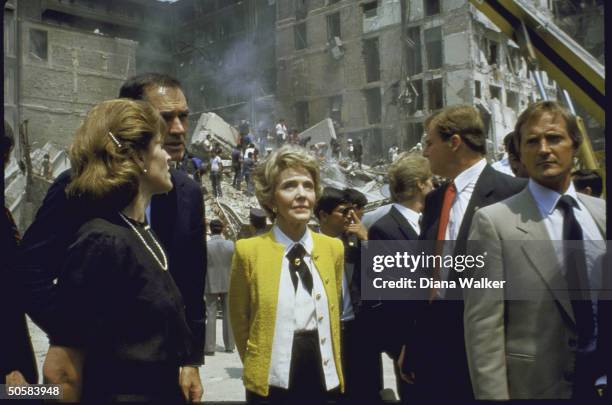 First Lady Nancy Reagan walking with US Ambassador John Gavin , Mrs. Miguel de la Madrid Hurtado and secret service types during her tour of...