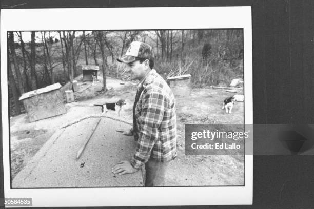 Drunk driver Larry Mahoney who killed 27 children in crash w. A school bus and was recently sentenced to 16 yrs. In prison, standing in family yard...