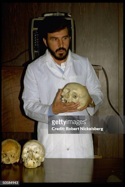 Dr. Daniel Romero Munoz presenting forensic evidence identifying exhumed skeleton as that of Nazi war criminal Dr. Josef Mengele.