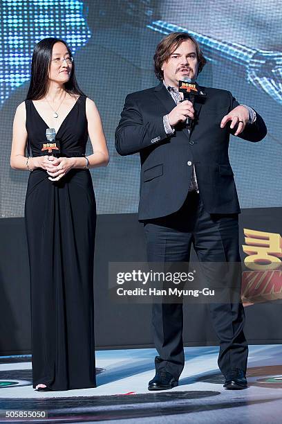 Director Jennifer Yuh and actor Jack Black attend the premiere for 'Kung Fu Panda 3' on January 20, 2016 in Seoul, South Korea. Jack Black and...