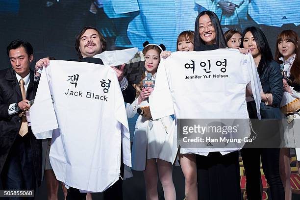 Actor Jack Black and director Jennifer Yuh pose for media during the premiere for 'Kung Fu Panda 3' on January 20, 2016 in Seoul, South Korea. Jack...
