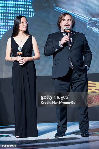 Director Jennifer Yuh and actor Jack Black attend the premiere for 'Kung Fu Panda 3' on January 20, 2016 in Seoul, South Korea. Jack Black and...