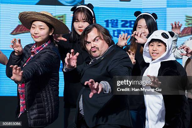 Actor Jack Black poses with fans during the premiere for 'Kung Fu Panda 3' on January 20, 2016 in Seoul, South Korea. Jack Black and Jennifer Yuh are...