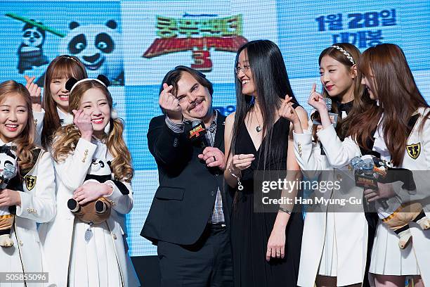 Actor Jack Black and director Jennifer Yuh pose for media with South Korean girl group Lovelyz during the premiere for 'Kung Fu Panda 3' on January...