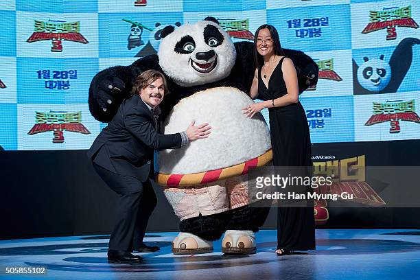 Actor Jack Black and director Jennifer Yuh pose for media during the premiere for 'Kung Fu Panda 3' on January 20, 2016 in Seoul, South Korea. Jack...