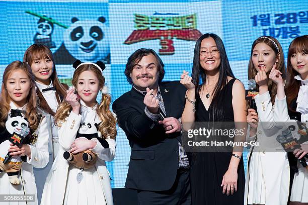 Actor Jack Black and director Jennifer Yuh pose for media with South Korean girl group Lovelyz during the premiere for 'Kung Fu Panda 3' on January...