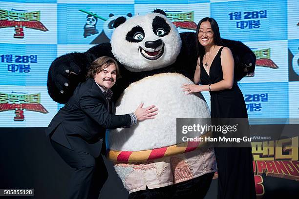 Actor Jack Black and director Jennifer Yuh pose for media during the premiere for 'Kung Fu Panda 3' on January 20, 2016 in Seoul, South Korea. Jack...