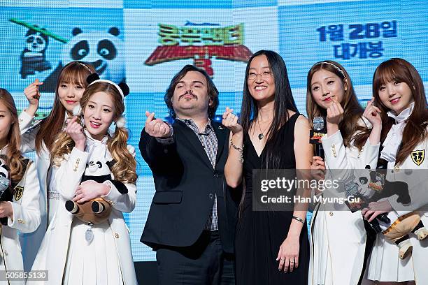 Actor Jack Black and director Jennifer Yuh pose for media with South Korean girl group Lovelyz during the premiere for 'Kung Fu Panda 3' on January...