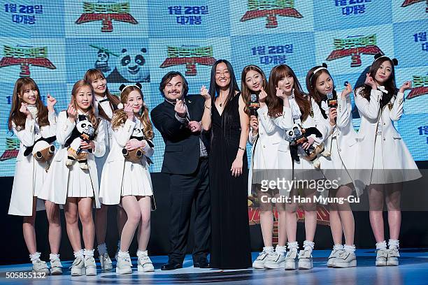 Actor Jack Black and director Jennifer Yuh pose for media with South Korean girl group Lovelyz during the premiere for 'Kung Fu Panda 3' on January...