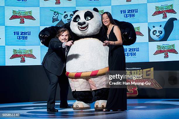 Actor Jack Black and director Jennifer Yuh pose for media during the premiere for 'Kung Fu Panda 3' on January 20, 2016 in Seoul, South Korea. Jack...