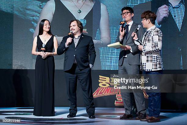 Director Jennifer Yuh and actor Jack Black attend the premiere for 'Kung Fu Panda 3' on January 20, 2016 in Seoul, South Korea. Jack Black and...