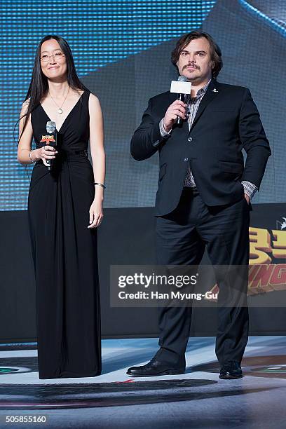 Director Jennifer Yuh and actor Jack Black attend the premiere for 'Kung Fu Panda 3' on January 20, 2016 in Seoul, South Korea. Jack Black and...