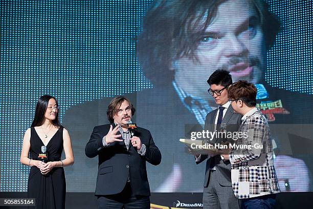 Director Jennifer Yuh and actor Jack Black attend the premiere for 'Kung Fu Panda 3' on January 20, 2016 in Seoul, South Korea. Jack Black and...
