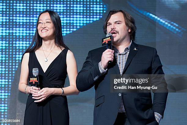 Director Jennifer Yuh and actor Jack Black attend the premiere for 'Kung Fu Panda 3' on January 20, 2016 in Seoul, South Korea. Jack Black and...