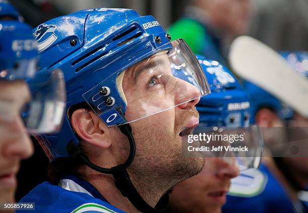 Chris Higgins of the Vancouver Canucks looks on from the bench during their NHL game against the Los Angeles Kings at Rogers Arena December 28, 2015...