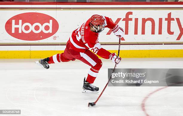 Jakob Forsbacka Karlsson of the Boston University Terriers skates against the Boston College Eagles during NCAA hockey at Kelley Rink on January 15,...