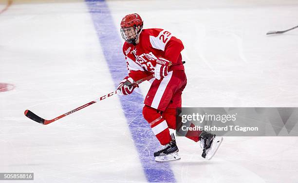 Jakob Forsbacka Karlsson of the Boston University Terriers skates against the Boston College Eagles during NCAA hockey at Kelley Rink on January 15,...