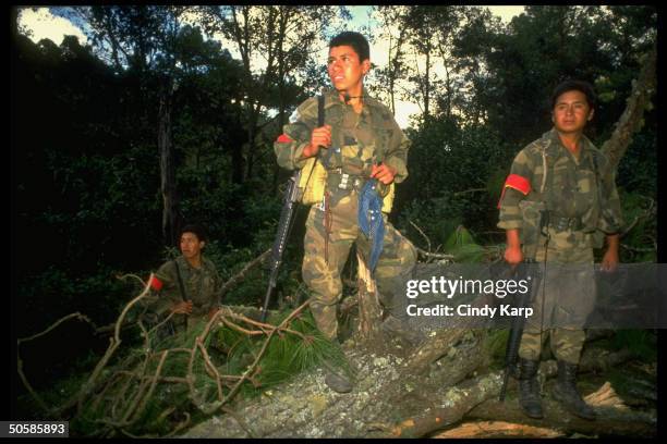 Guatemalan soldiers at ready, stalking through foresty area, on alert for guerrilla attempts to sabotage pres. Run-off elections.