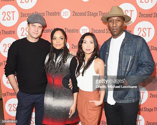 Actors Joshua Jackson, Tessa Thompson, Anne Son and Mahershala Ali attend the "Smart People" cast photo call at Second Stage Theatre on January 20,...