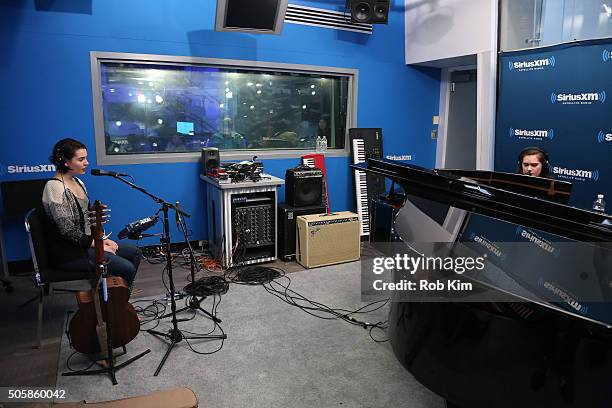 Lily Jurkiewicz and Madeleine Jurkiewicz of the folk pop band, "Lily and Madeleine" rehearse a song at SiriusXM Studios on January 20, 2016 in New...