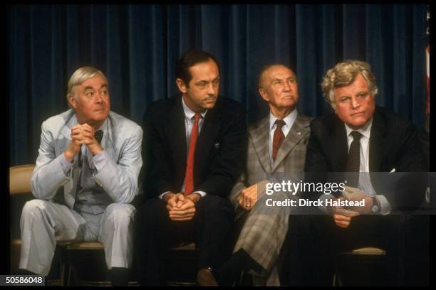 Senators Ted Kennedy, Strom Thurmond, Bill Bradley & Pat Moynihan in EOB during tax reform mtg.