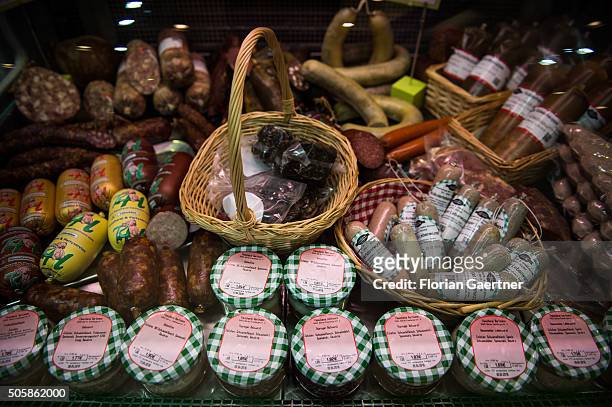 Sausages are offered on January 19, 2016 in Berlin, Germany.