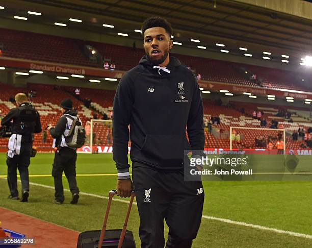 Jerome Sinclair of Liverpool arrives before The Emirates FA Cup Third Round Replay between Liverpool and Exeter City at Anfield on January 20, 2016...