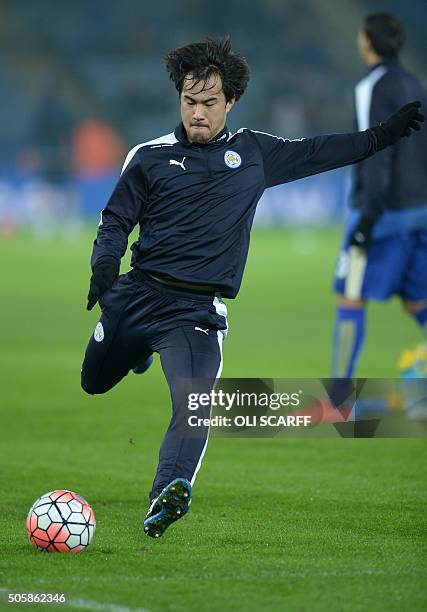 Leicester City's Japanese striker Shinji Okazaki warms up ahead of the English FA Cup third round replay football match between Leicester City v...