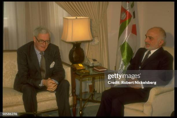 King Hussein mtg. W. British For. Secy. Douglas Hurd during escalating gulf crisis.