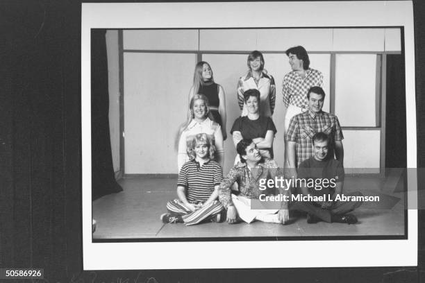 Cast for play The Real Live Brady Bunch based on TV's The Brady Bunch posing on stage incl. Becky Thyre, Jane Lynch & Pat Towne, Melanie Hutsell,...