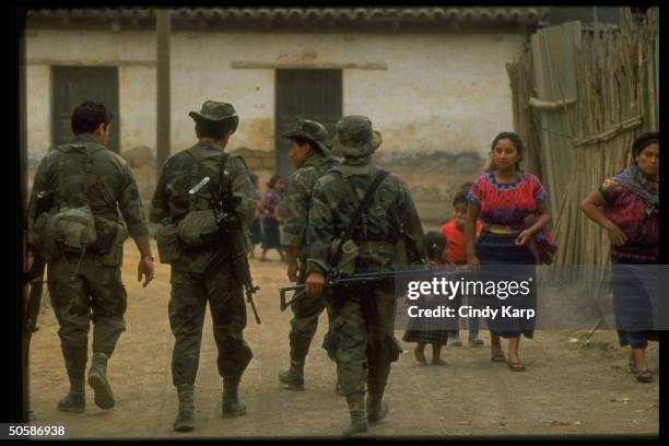 Army special forces patrolling streets in response to increase in right-wing guerrilla violence against peasants & Indians in area.