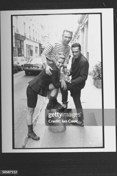 Fashion designer Jean-Paul Gaultier w. Models showing off his designs, incl. Male in double-breasted suit w. Long polka dot shorts worn over the...