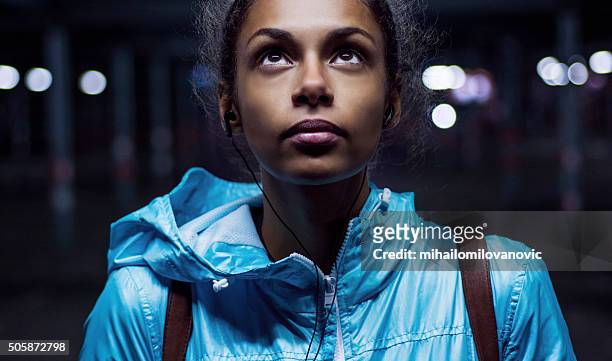 portrait of beautiful girl at night - looking up stock pictures, royalty-free photos & images