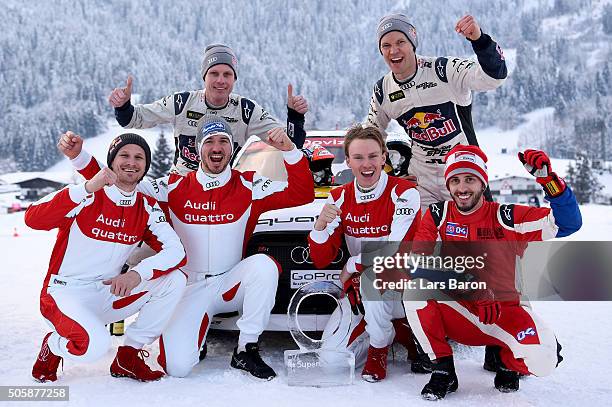 Tadeusz Blazusiak, Felix Neureuther, coach Edward Sandstroem, Henrik Kristoffersen, coach Mattias Ekstroem and Andrea Dovizioso pose after the final...