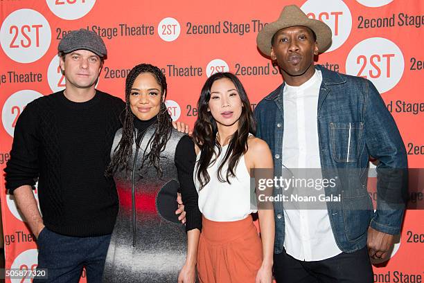 Joshua Jackson, Tessa Thompson, Anne Son and Mahershala Ali attend the "Smart People" photo call at Second Stage Theatre on January 20, 2016 in New...