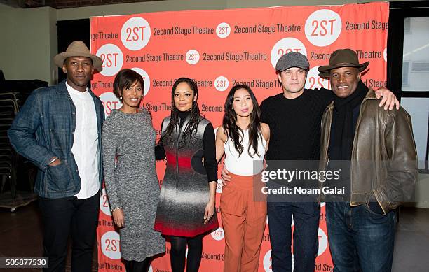 Mahershala Ali, Lydia R. Diamond, Tessa Thompson, Anne Son, Joshua Jackson and Kenny Leon attend the "Smart People" photo call at Second Stage...