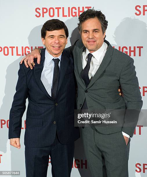 Michael Rezendes and Mark Ruffalo arrives for the UK Premiere of Spotlight at The Washington Mayfair on January 20, 2016 in London, England.