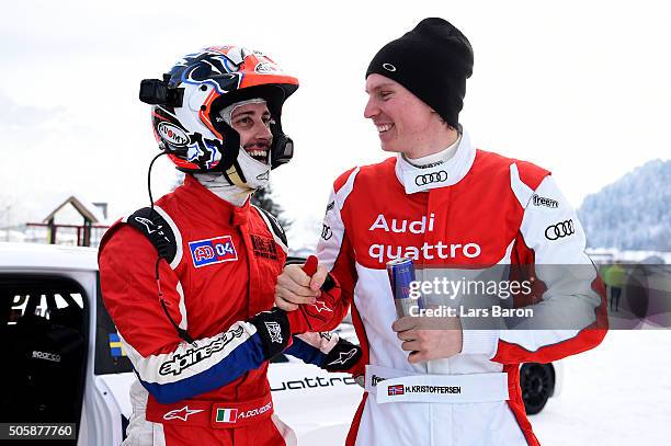 Andrea Dovozioso and Henrik Kristoffersen are seen during the final day of the Audi Quattro #SuperQ on January 20, 2016 in Kitzbuehel, Austria.