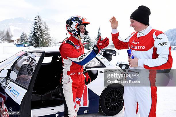 Andrea Dovozioso and Henrik Kristoffersen are seen during the final day of the Audi Quattro #SuperQ on January 20, 2016 in Kitzbuehel, Austria.